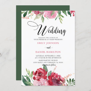 Invitation Mariage floral vert rose rouge Aquarelle
