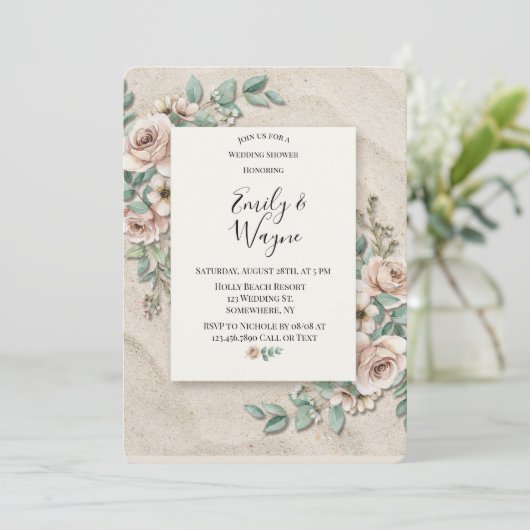Invitation Mariage Floral Vert Sage de Sable (Debout devant)
