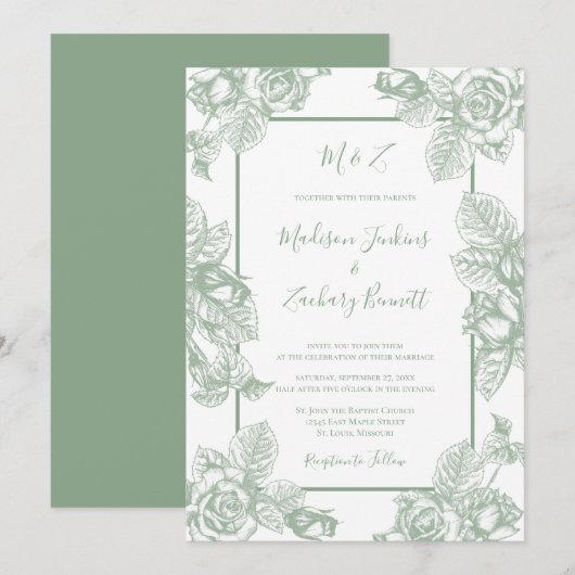 Invitation Mariage Floral Vert Sauge (Devant / Derrière)