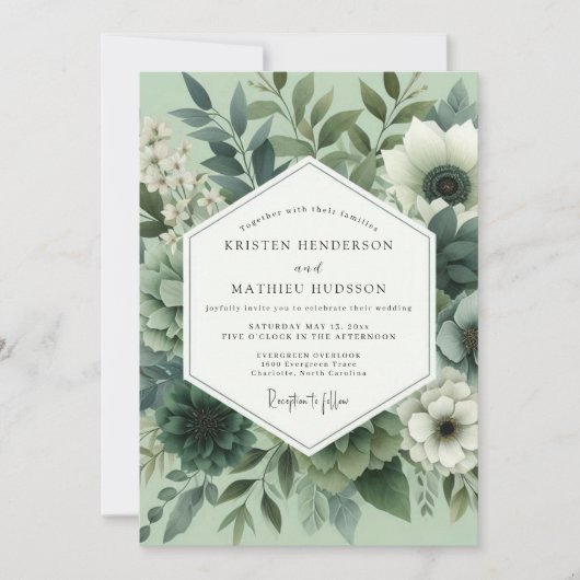 Invitation Mariage Floral Vert Sauge (Devant)