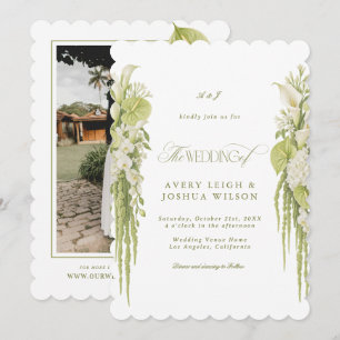 Invitation Mariage Floral Vert Sauge et Blanc à Bordure Ondul