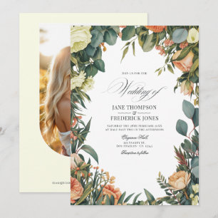 Invitation Mariage Floral Vert Sauge, Pêche et Crème
