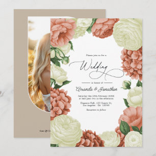 Invitation Mariage floral vert sauge, pêche poussiéreuse et i