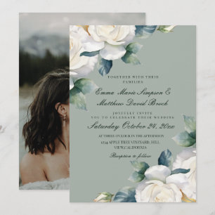 Invitation Mariage Floral Vert Sauge & Rose Blanche