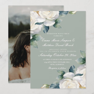 Invitation Mariage Floral Vert Sauge & Rose Blanche