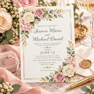Invitation Mariage Floral Vert Sauge Rose Rose Pâle Or