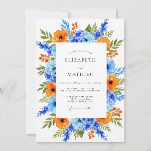 Invitation Mariage Floral Vibrant Bleu Orange (Devant)
