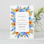 Invitation Mariage Floral Vibrant Bleu Orange (Debout devant)