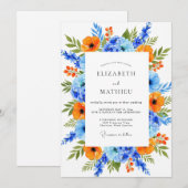 Invitation Mariage Floral Vibrant Bleu Orange (Devant / Derrière)