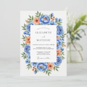 Invitation Mariage Floral Vibrant Bleu Pêche (Debout devant)