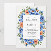 Invitation Mariage Floral Vibrant Bleu Pêche (Devant / Derrière)