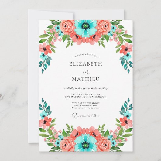 Invitation Mariage floral vibrant de corail sarcelle (Devant)