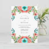 Invitation Mariage floral vibrant de corail sarcelle (Debout devant)