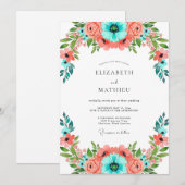 Invitation Mariage floral vibrant de corail sarcelle (Devant / Derrière)