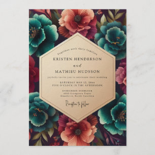 Invitation Mariage floral vibrant sarcelle et cramoisi