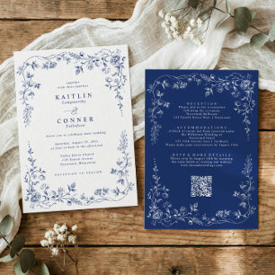 Invitation Mariage Floral Victorien Bleu Marine Vintage Franç