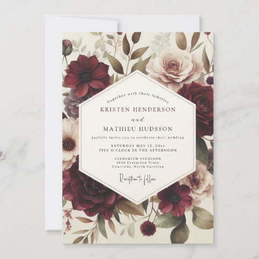 Invitation Mariage Floral Victorien Bourgogne (Devant)