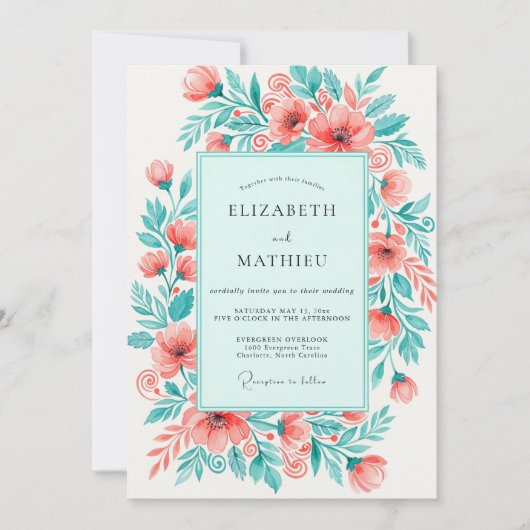 Invitation Mariage Floral Vif Mint Corail (Devant)