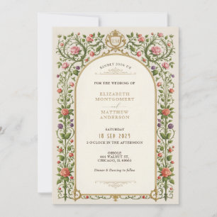 Invitation Mariage Floral Vintage avec Roses & Or Orné