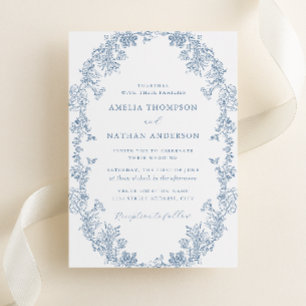 Invitation Mariage Floral Vintage Blanc Bleu Poussiéreux