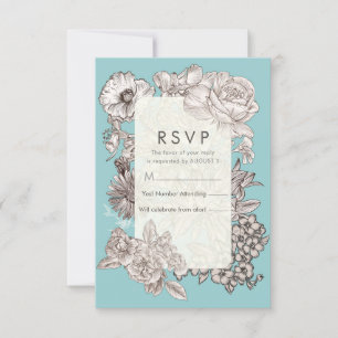 Invitation Mariage Floral Vintage Bleu Turquoise RSVP Réponse