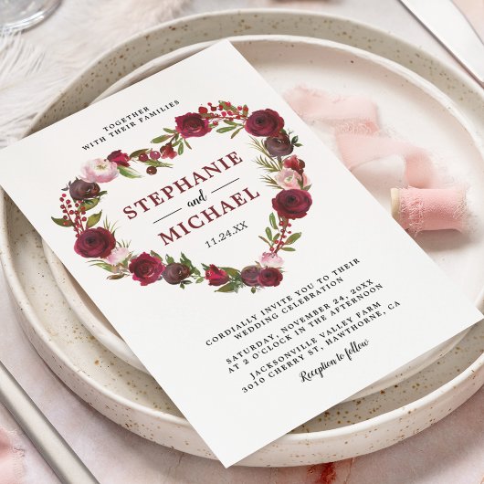 Invitation Mariage Floral Vintage Bourgogne