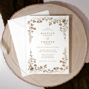 Invitation Mariage Floral Vintage Bronze Brun Français