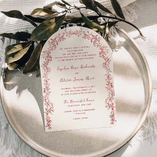 Invitation Mariage Floral Vintage Crème Rouge Rustique sous u
