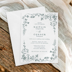 Invitation Mariage Floral Vintage Émeraude Vert Français