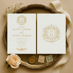 Invitation Mariage Floral Vintage Français Vert Sauge et Or