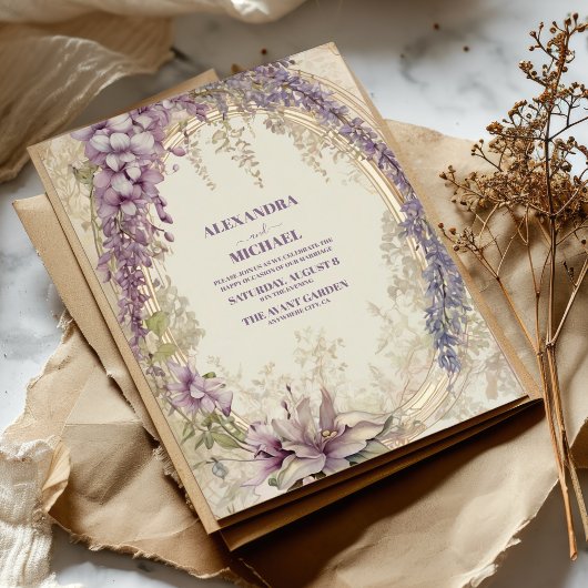 Invitation Mariage Floral Vintage Gold Purple
