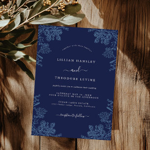 Invitation Mariage Floral Vintage Navy Élégant