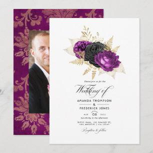 Invitation Mariage floral vintage noir et violet
