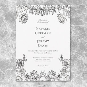 Invitation Mariage Floral Vintage Tapisserie Noir & Blanc
