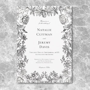 Invitation Mariage Floral Vintage Tapisserie Noir & Blanc