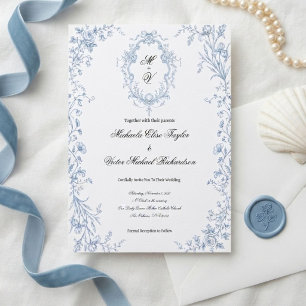 Invitation Mariage Floral Vintage Toile de Jouy Bleu Pastel