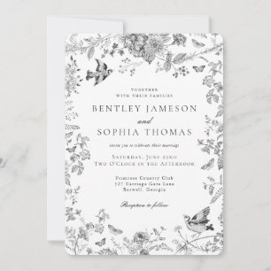 Invitation Mariage Floral Vintage Toile De Jouy Noir