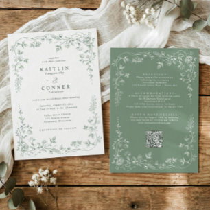 Invitation Mariage Floral Vintage Toile de Jouy Vert Sauge