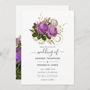Invitation Mariage floral Vintage violet et or