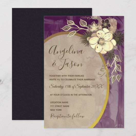 Invitation Mariage Floral Violet (Devant / Derrière)