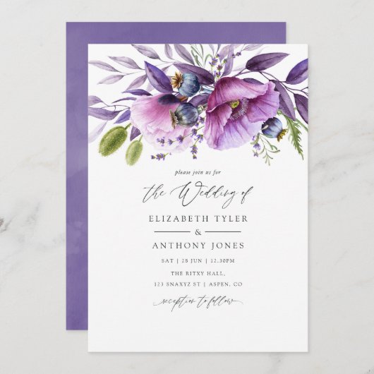 Invitation Mariage floral violet (Devant / Derrière)
