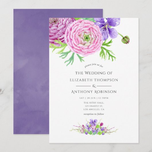 Invitation Mariage floral violet aquarelle (Devant / Derrière)