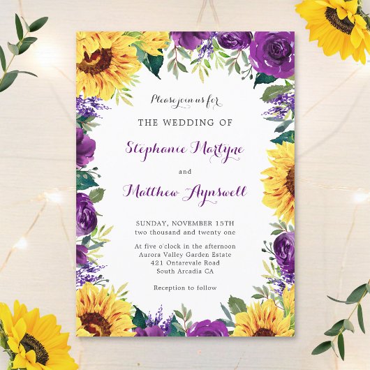 Invitation Mariage floral violet de tournesol rustique