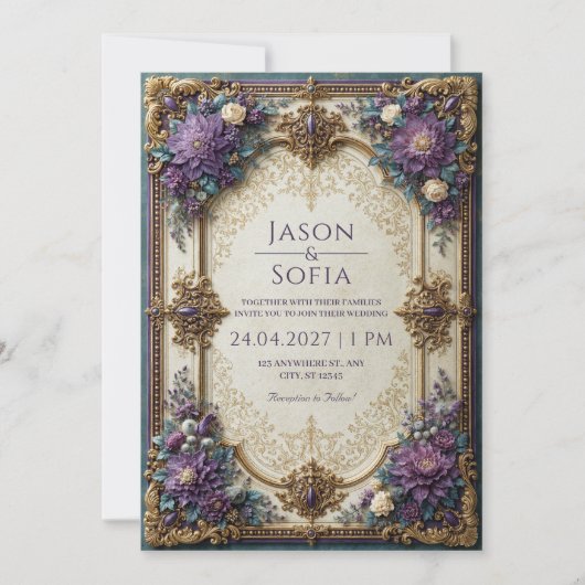 Invitation Mariage Floral Violet Doré (Devant)