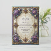 Invitation Mariage Floral Violet Doré (Debout devant)