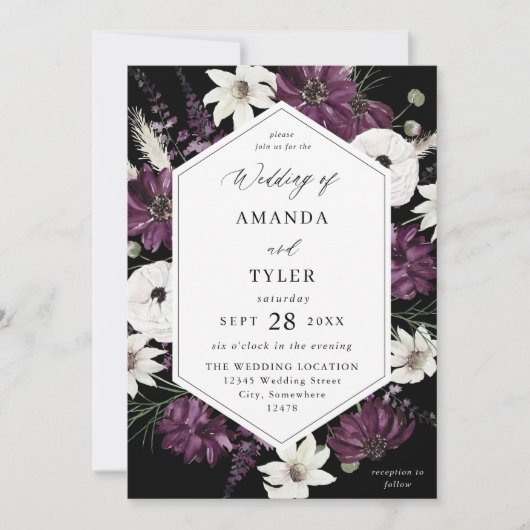 Invitation Mariage floral violet et blanc - Noir (Devant)