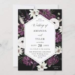 Invitation Mariage floral violet et blanc - Noir
