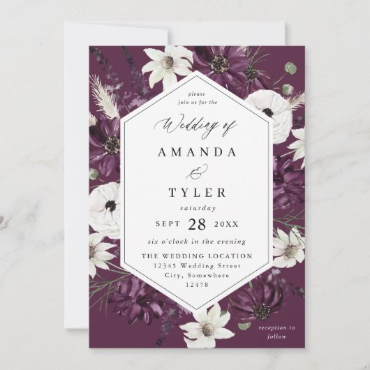 Invitation Mariage Floral Violet et Blanc - Violet V2 (Devant)