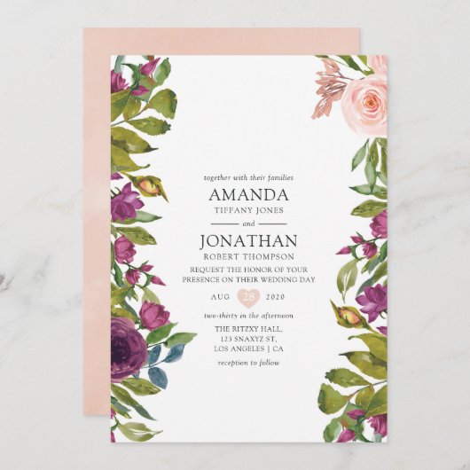 Invitation Mariage floral violet et flou (Devant / Derrière)