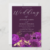 Invitation Mariage floral violet et or (Devant)